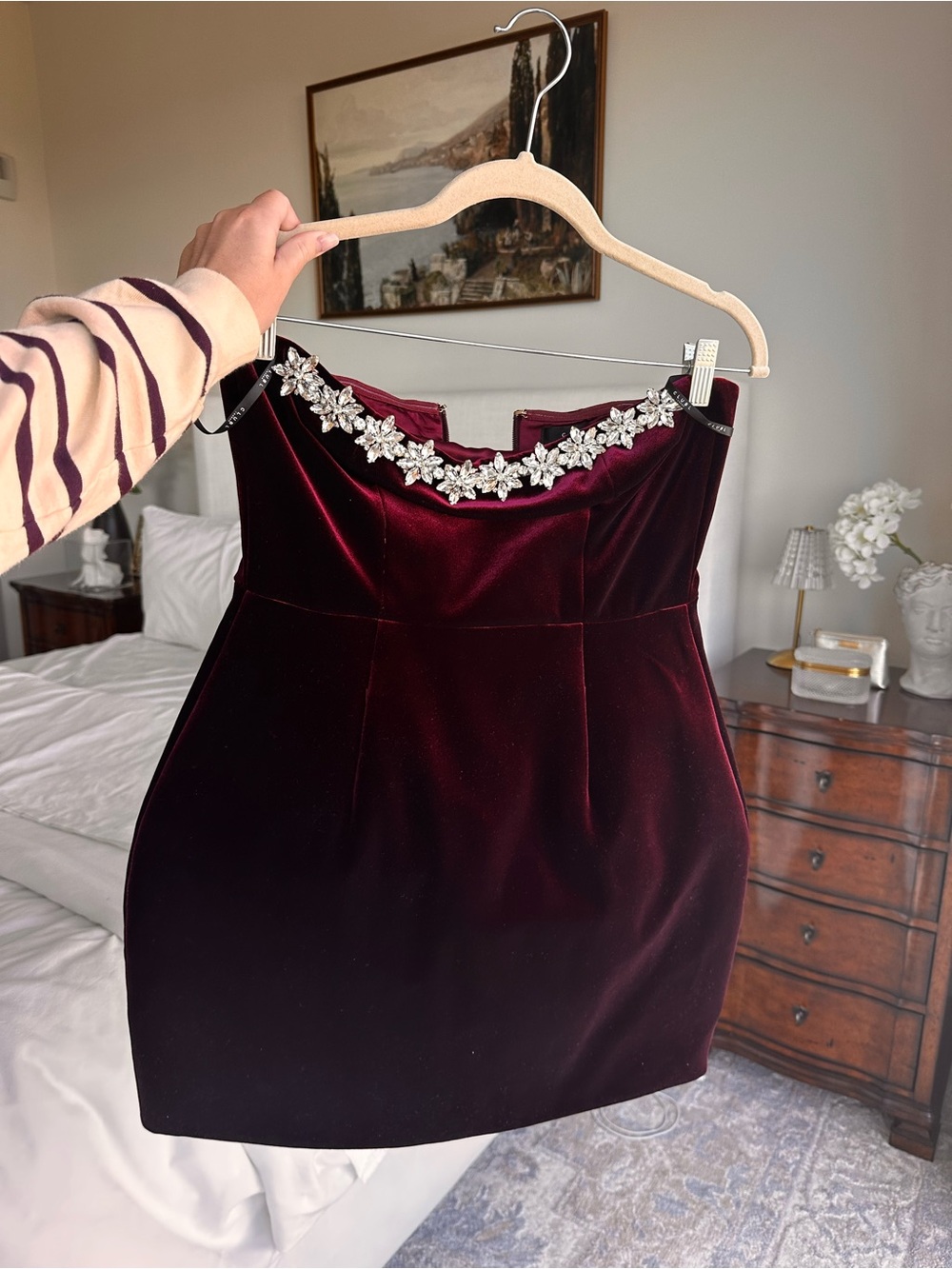 Club L London Strapless Burgundy Velvet Mini Dress with Crystal Embellishment